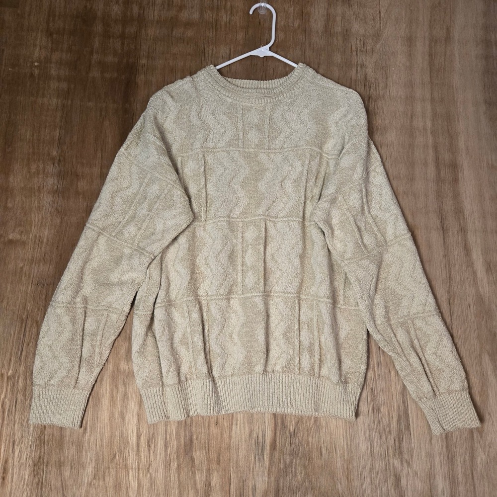 Geoffrey Beene Mens Medium Beige Textured Block Chevron Knit Crewneck Sweater